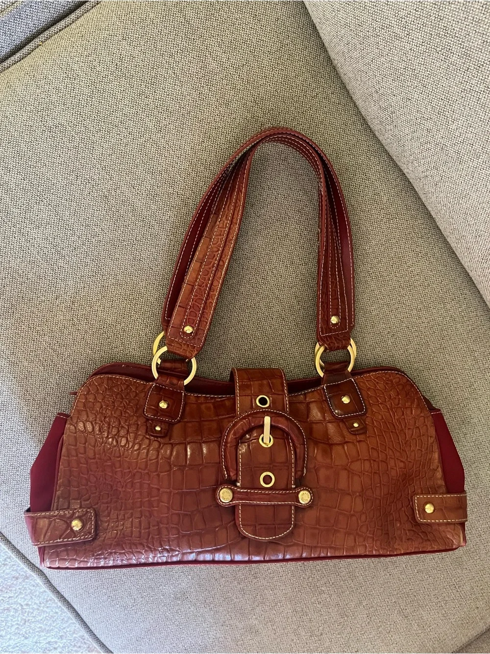 Brown Burgundy Y2K Croc-Embossed Shoulder Bag with Large Buckle - Women Bags